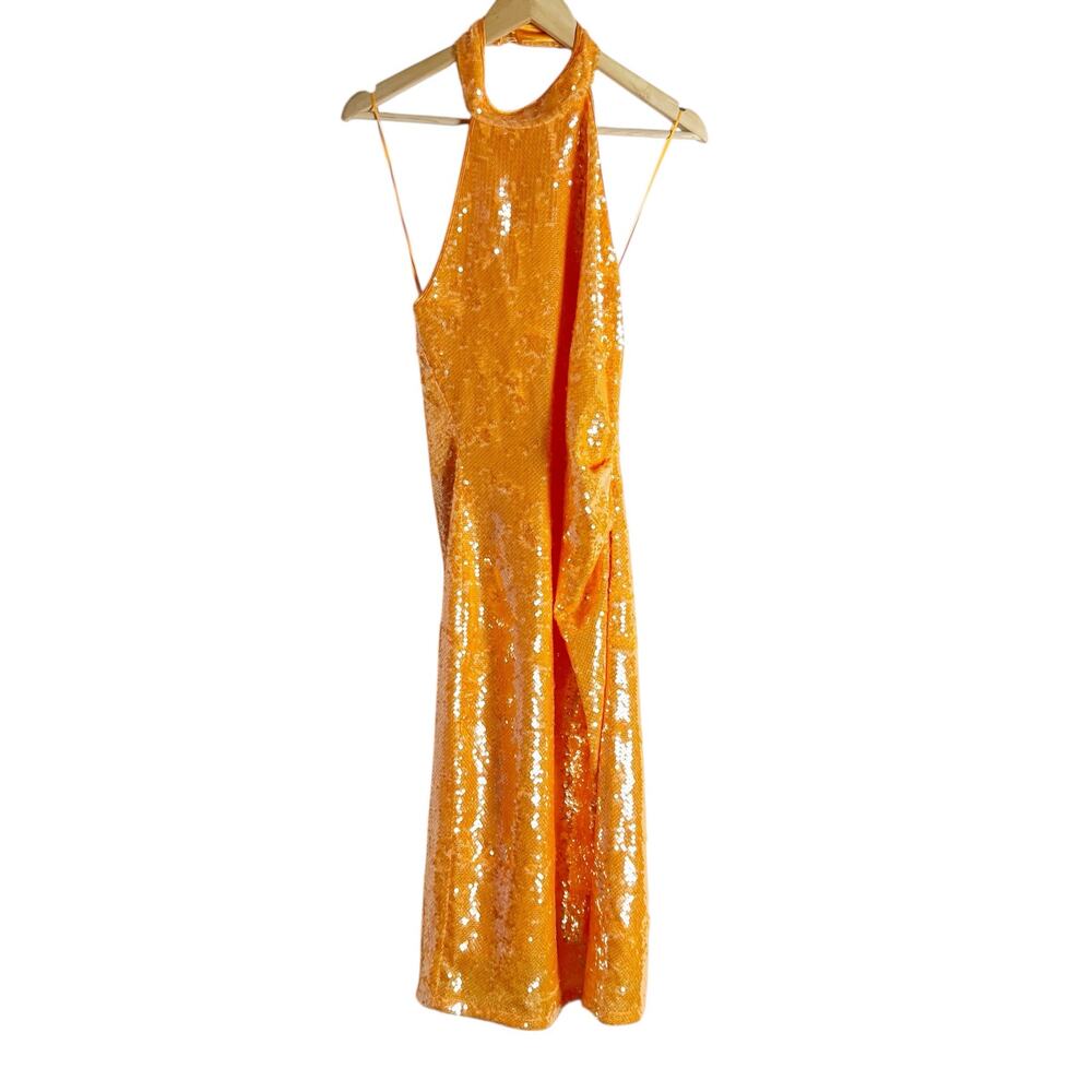 Caroline Constas Orange Sequin Embellished Sleeveless Halter Midi Dress Size M